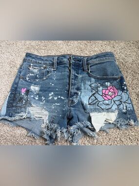 American Eagle Outfitters Blue Denim Shorts with Pink Floral Accent